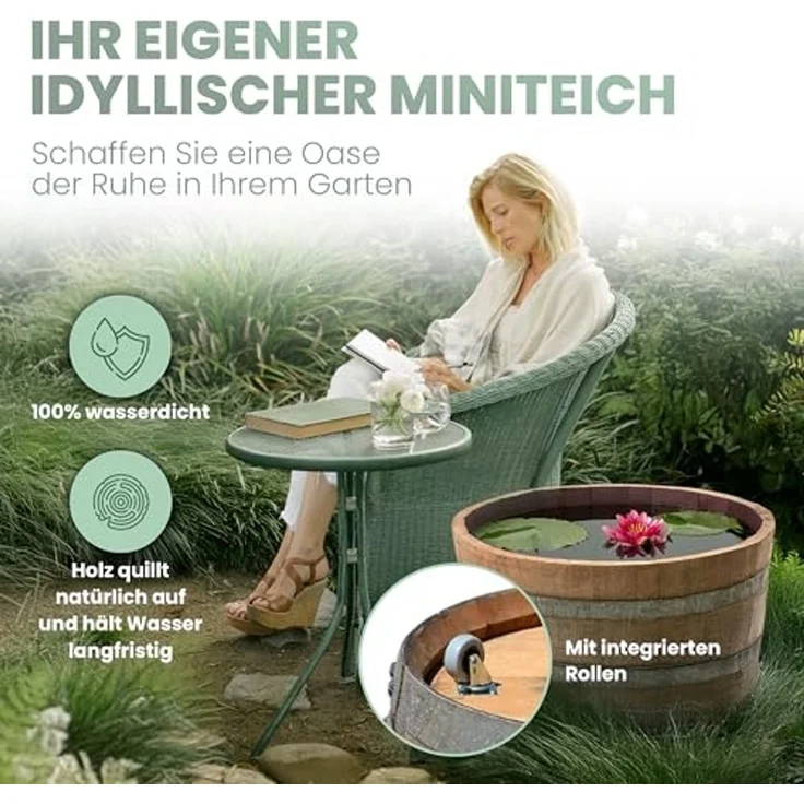 Temesso Pflanzkübel D 70cm - Halbiertes Weinfass als Miniteich - D70cm H40 100L Inhalt – Bild 2