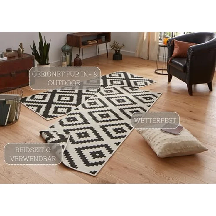 In- & Outdoor Teppich Malta Schwarz Creme - 80x350x0,5cm – Bild 4
