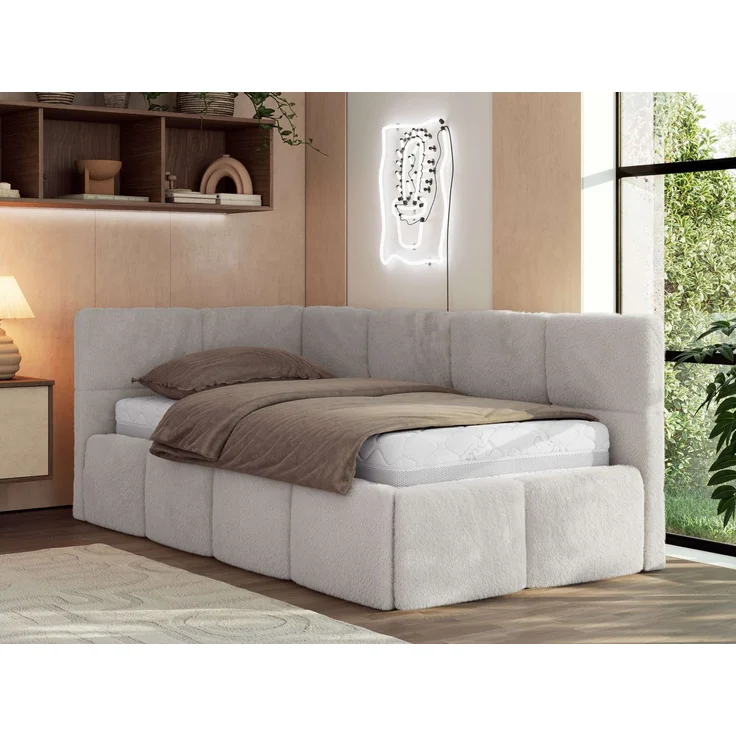 Jugendbett 90x200 ARVO Polsterbett mit Bettkasten, Stauraum & Gasdruckfeder, Modernes Design mit Kopfteil, Multipocket Matratze - Hellgrau Plüsch - ELORI LUX - Links Seite – Bild 1