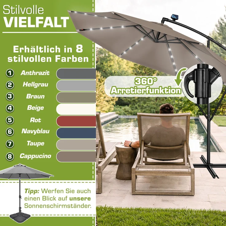 tillvex Alu Ampelschirm Cappuccino LED Solar Ø 300 cm mit Kurbel | Sonnenschirm mit An-/Ausschalter | Gartenschirm UV-Schutz Aluminium | Kurbelschirm mit Ständer Marktschirm wasserdicht – Bild 5