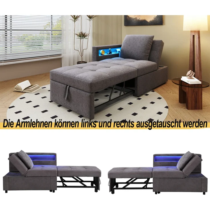 Merax Polsterbett Schlafsofa 3 in 1 Multifunktions-Schlafsofa, Leinenstoffsofa mit verstellbarer Rückenlehne, Die Armlehne verfügt über LED-Lichtleisten und USB-/Typ-C-Anschlüsse, Dunkelgrau – Bild 8