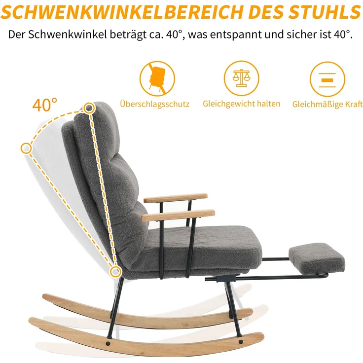 Schaukelsessel, Teddy-Fleece, mit Schwerkraftverstellung & Fußstütze, 63,5x102x100 cm, Grau – Bild 9