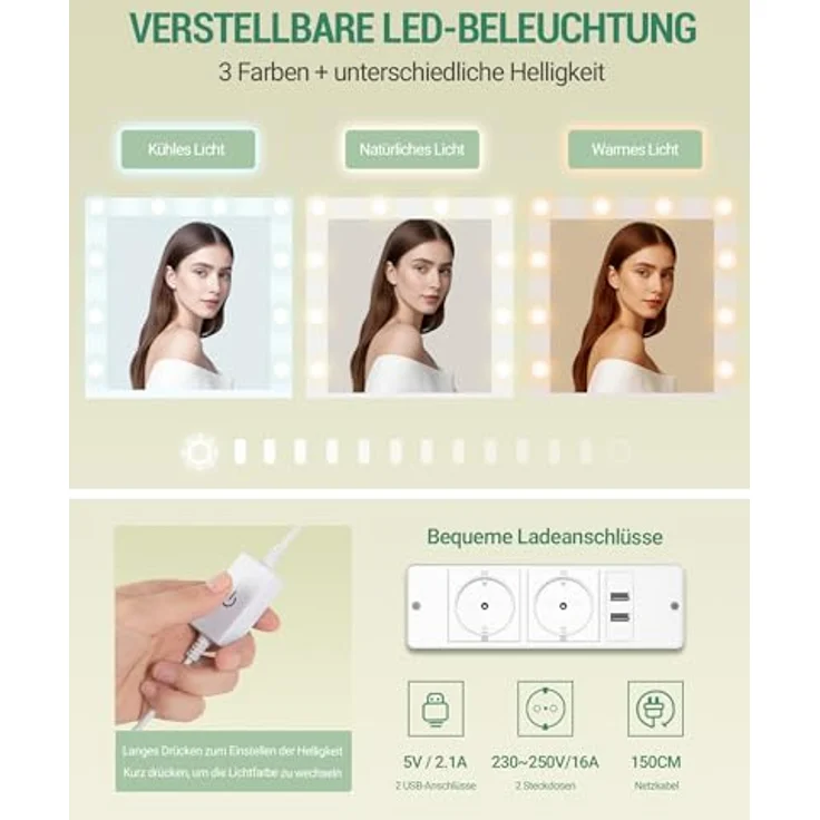 Schminktisch mit LED-Beleuchtung, mit Stecker und Föhnhalter, große Tischplatte 108 cm, Schminktisch mit 2 großen Schubladen mit Schmuckablage, 2 Schränke, 40 x 108 x 144 cm, Weiß – Bild 3