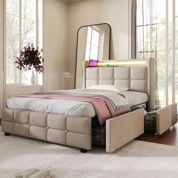 Einzelbett 90 × 200 cm mit Steckdosen,USB-Anschlüssen und LED-Beleuchtung,2 Schubladen,Leinenbezug in Beige,inklusive Matratze – Bild 3