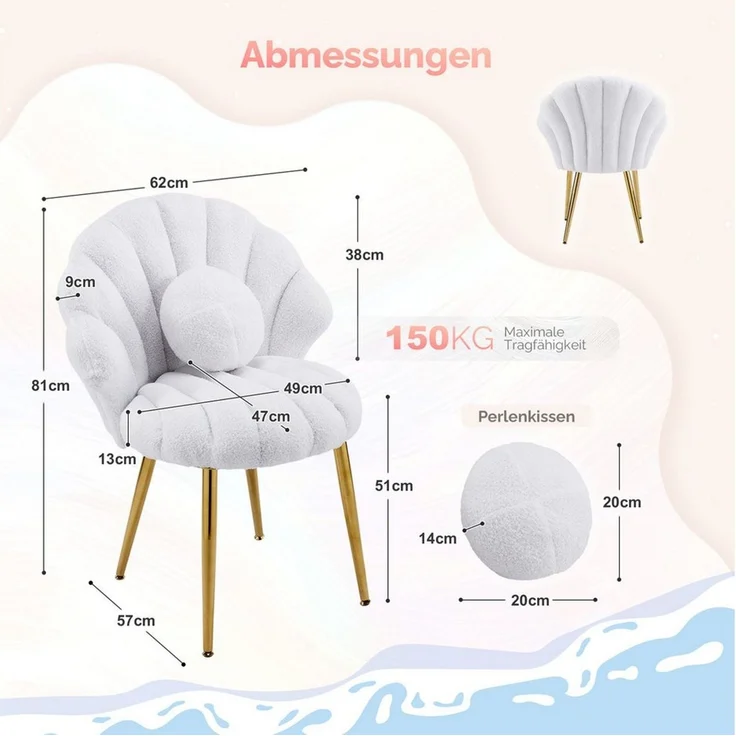 VINGLI Polsterstuhl Schminktisch Stuhl aus Teddystoff, Muschel Schminkstuhl, Verstellbare goldene Beine, Perlen Zierkissen – Bild 2