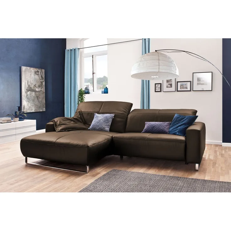 KAWOLA Sofa YORK Leder Life-line hasel Rec links Fuß Metall Chrom matt 85 x 111 x 284 cm