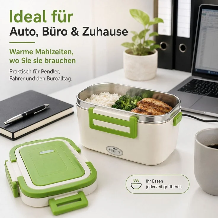 ibettertec Elektrische Lunchbox 1,8L, 12V/24V/230V, 80W Heizung & Warmhalten, 304 Edelstahl, (inkl. Besteck, Besteck- und Kabelfach, 4 Verschlüsse, Weiß-Grün), für Arbeit & Auto – Bild 2