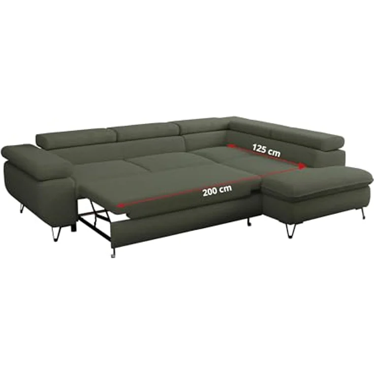 Mks Möbel 'Peter L-form' Ecksofa mit Bettfunktion, Bettkasten & einstellbaren Kopfstützen, Grün, Boucle, links – Bild 7