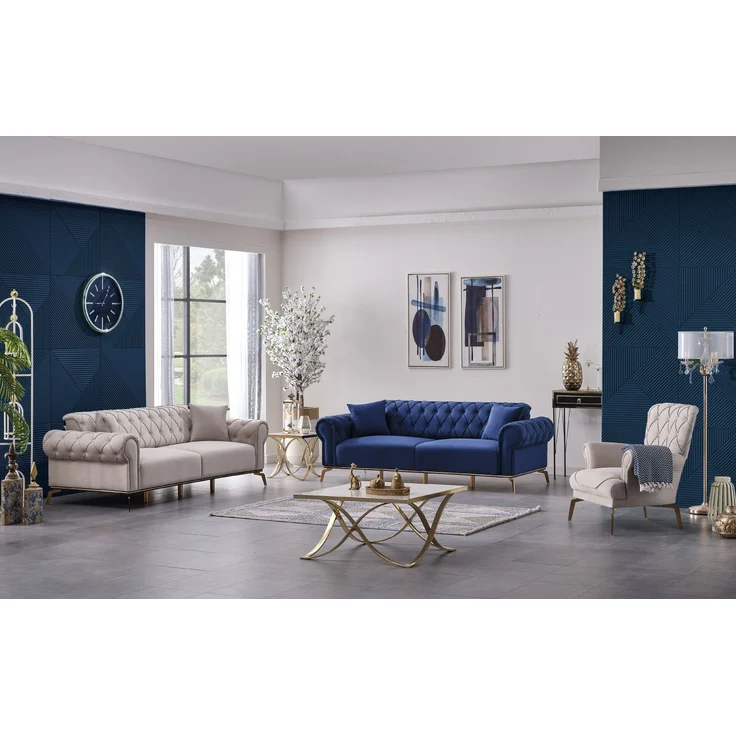 Sitzgruppe/Sofa Set - Wohnzimmergarnitur "Mira" 3+3+1-Beige/Blau – Bild 1