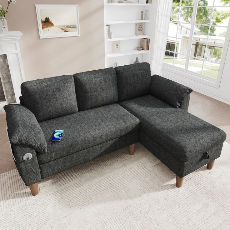 Ecksofa 181x125x88 cm in Dunkelgrau mit Stauraum-Chaiselongue und USB-Anschluss – Bild 2