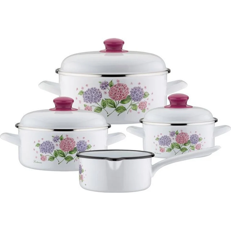 GSW Topf-Set Hortensie, Stahl-Emaille (Set, 7-tlg, je 1 Kochtopf Ø 16/20/24 cm, 1x Stielkasserolle Ø 16 cm), Induktion – Bild 2