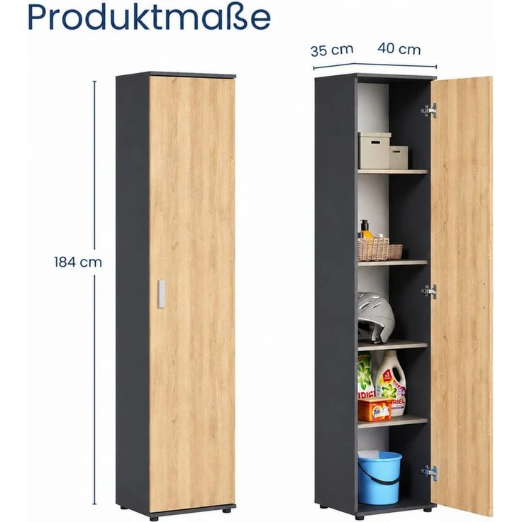 Home Collective Mehrzweckschrank Schmaler Schrank 40 cm breit mit 1 Tür & 4 Einlegeböden (Universalschrank Haushaltsschrank für Haushalt, Flur, Büro oder Schlafzimmer) 40x35x184 cm (BxTxH), Anthrazit-Artisan – Bild 2