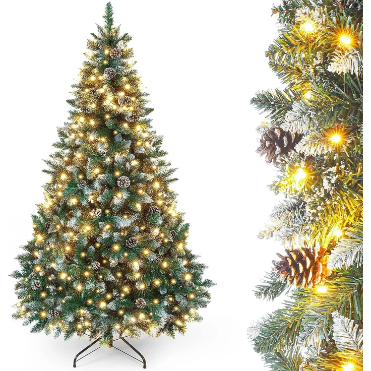 Yorbay Künstlicher Weihnachtsbaum Künstlicher Tannenbaum mit LED Beleuchtung, Schnee, Kiefernzapfen, 150 / 180 / 210 cm auswählbar, mit Ständer, Weihnachtsbaum Christbaum für Weihnachten-Dekoration – Bild 1