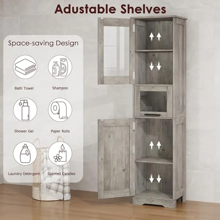 GarveeLife Badezimmerschrank Badschrank Hochschrank für Badezimmer Arbeitszimmer, Mehrzweckschrank Küchenschrank mit 2 Türen und 1 Schubladen Holz 40 x 31 x 170 cm, Grau – Bild 3