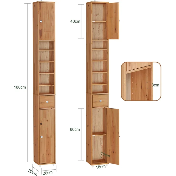 SoBuy BZR34-II-SH Badezimmer-Hochschrank, Massivholz, Lackiert, Hellbraun, 20 x 180 x 20 cm – Bild 3