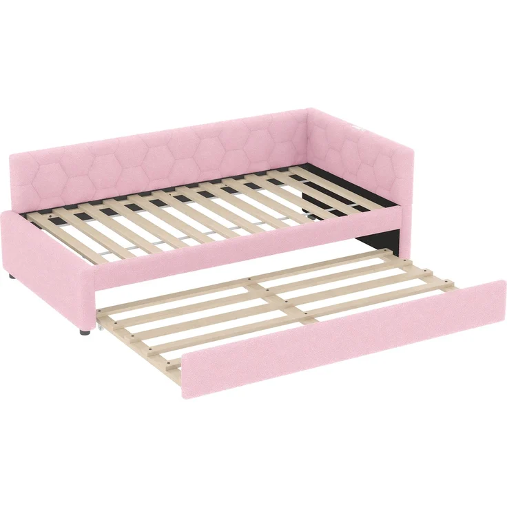 Daybett, 90*200cm Tagesbett, Schlafsofa, Bett mit Lattenrost (ohne Matratze), mit Nachttischlampe, mit multifunktionalem Ausziehbett, USB-Anschluss, Typ-C, Komfortmaterial, Boucle, Rosa – Bild 10