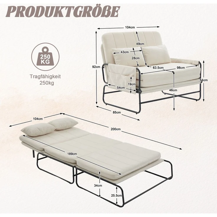 ZUBALIYA Schlafsofa 85x92 cm, mit Stauraum, mit Chenille - Bezug, mit breiten Armlehnen, mit Schaumstoffpolsterung, Beige – Bild 8