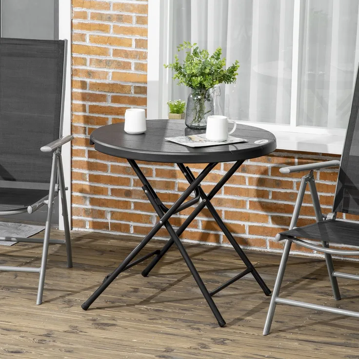 Gartentisch rund 80x80x73 cm, klappbar, HDPE in Holzoptik mit pulverbeschichtetem Stahlrahmen