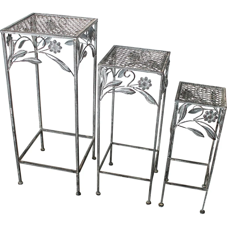 Hocker Set 3tlg. Gartendeko Eisenhocker Pflanzenständer Blumenhocker Antik Grau