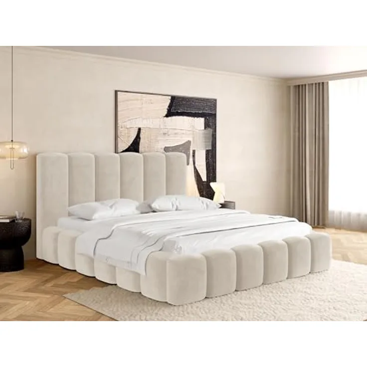 WFL Group Polsterbett, Beige, Holz, 20x200 cm mit integriertem Bettkasten und modernem Säulendesign