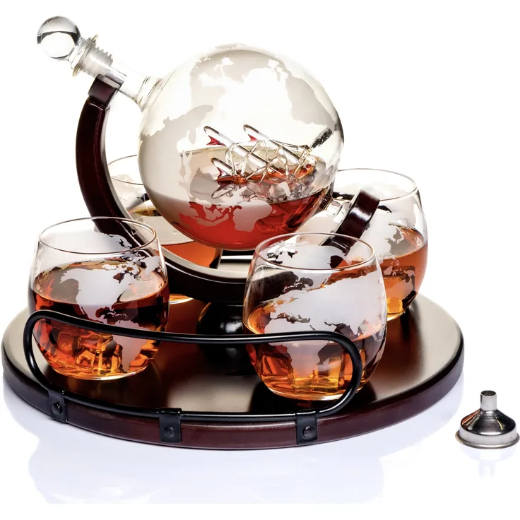 Kemstood Whisky-Dekanter-Set Globus 8-tlg. inkl. 4 Gläser/Ständer/Ausgießer/Verschluß