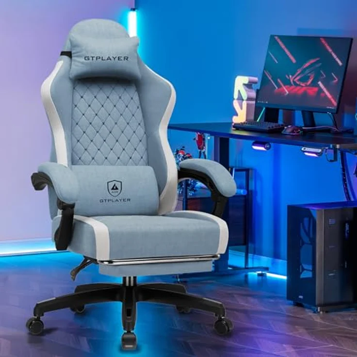 GTPLAYER Gaming Stuhl Ergonomischer, PC Stuhl Atmungsaktiver Stoff, Groß und Hoch Drehbarer Schreibtischstuhl mit Fußstütze,Verstellbare Lendenwirbelstütze und Kopfstütze,Hellblau – Bild 3