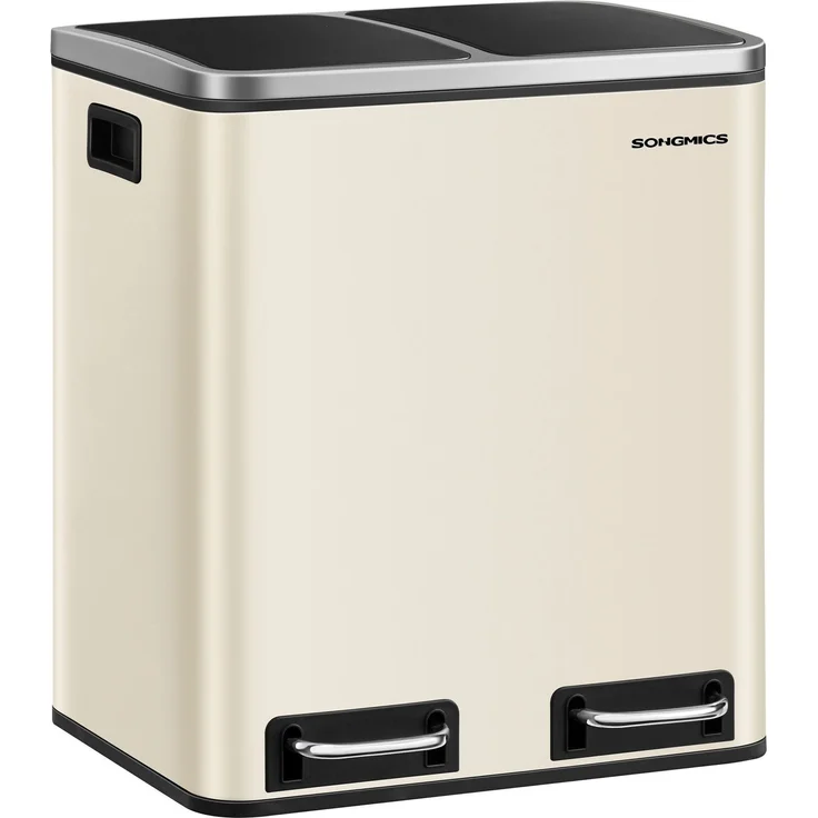 Songmics Mülleimer mit Deckel mit langsamem Verschluss, Inneneimern & Griffen, Sandbeige-Tintenschwarz, 2 Fächer, 2x15 Liter – Bild 1