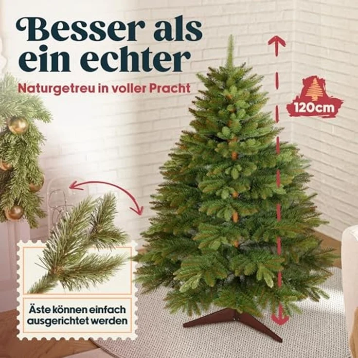 Premium Weihnachtsbaum künstlich 120cm -TESTSIEGER - Naturgetreu, dichte Zweige, Künstlicher Weihnachtsbaum mit Holzständer und Aufbewahrungstasche – Tannenbaum künstlich von Pure Living – Bild 2