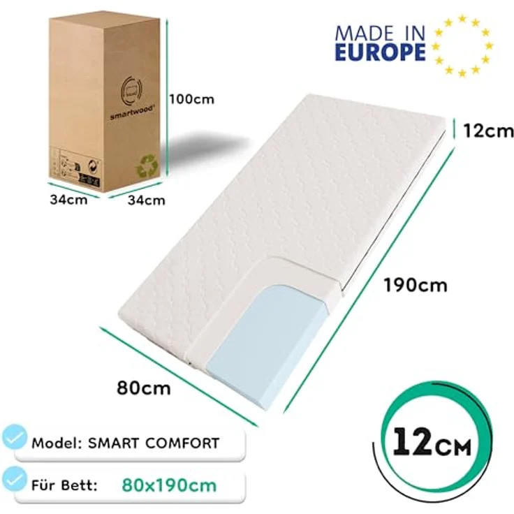 smartwood Kindermatratze 80x190 12cm Matratze für Kinder - H2 Schaumstoffmatratze Oeko-TEX-Zertifiziert - Wendbar - mit Waschbarem Antiallergischem Bezug – SmartComfort | Made in EU – Bild 3