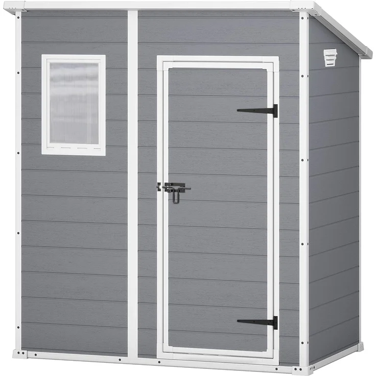 Keter Manor Pent 6x4 Gartenhaus wetterfest, Kunststoff, Outdoor, Außenmaße: BxTxH:183. 5 x 111 x 200. 5 cm, Innenmaße: 168. 5 x 97 x 154 cm, grau