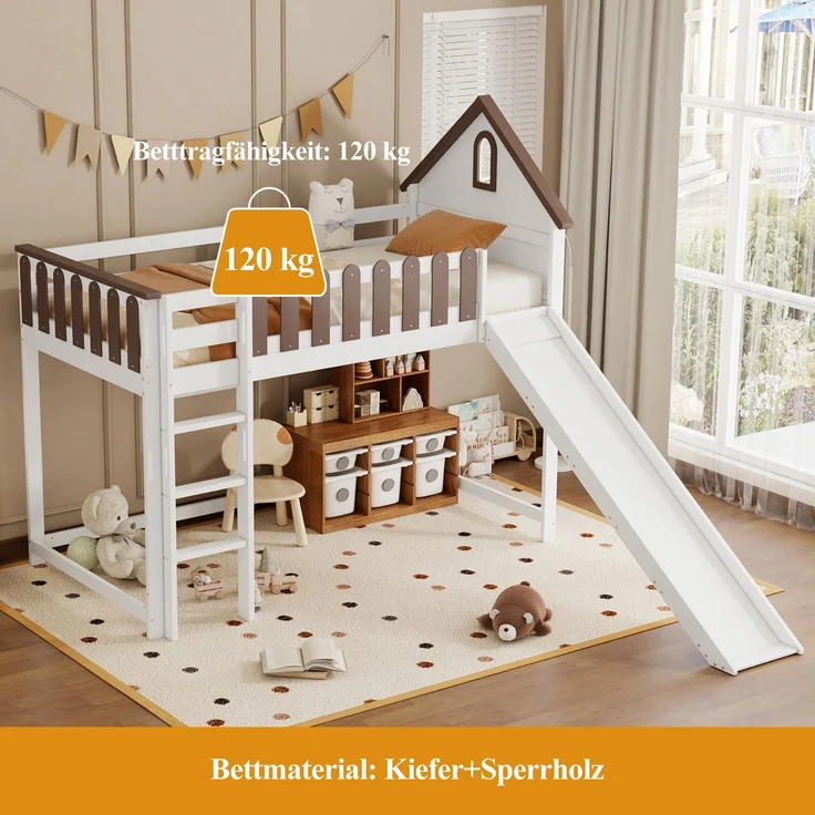 Merax Etagenbett, mit Rutsche, mit Fenster, mit Lattenrost, Holz Weiß+Walnuss, 90x200 cm – Bild 7