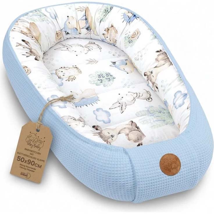 Babynest Neugeborene Nestchen Baby 90x50 cm - Kokon Handmade zweiseitig aus Baumwolle Waffel mit Babynestchen Tiere Blau – Bild 1
