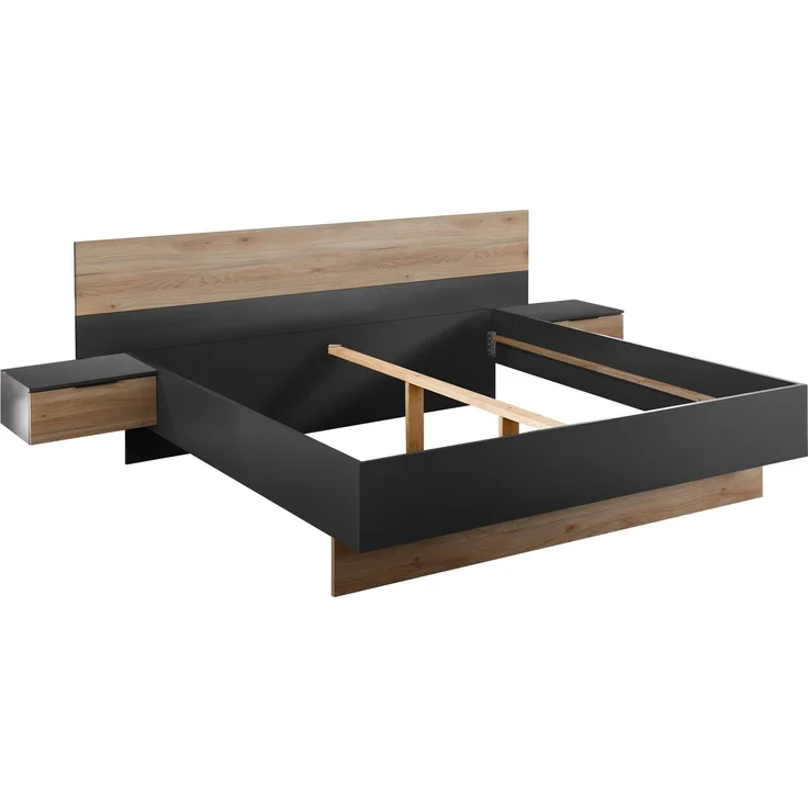 Bettanlage >Aska< 2 Nachtkonsolen, Graphit / Mauvella Eiche Dekor - 285x95x205 (BxHxT) – Bild 1
