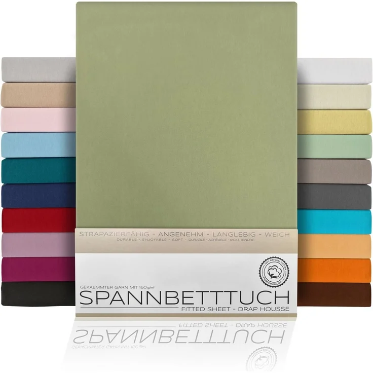 Beautex Spannbettlaken, Gummizug: rundum, (1 Stück), gekämmte Baumwolle Premium Jersey, 160g/m², Olivgrün, Topper - 140 x 200 x 15 cm – Bild 5