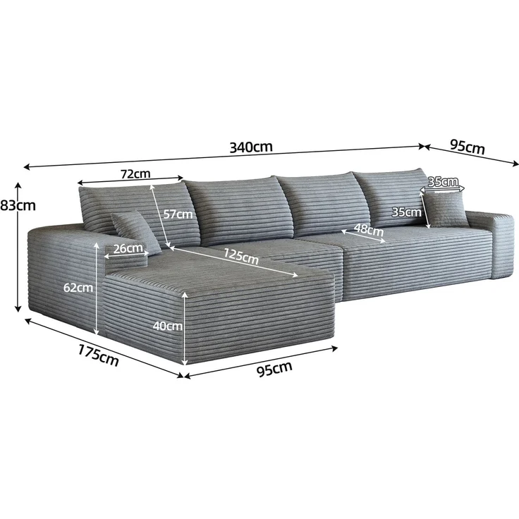 Modulares Ecksofa aus Stoff mit L-förmiger Chaiselongue, 340x175x83 cm, Grau – Bild 7