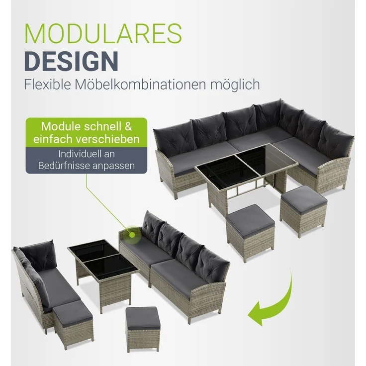 Juskys 'Manacor' Lounge mit Sofa, Tisch, 2 Hocker & Kissen, Polyrattan grau-meliert, 7 Personen – Bild 6