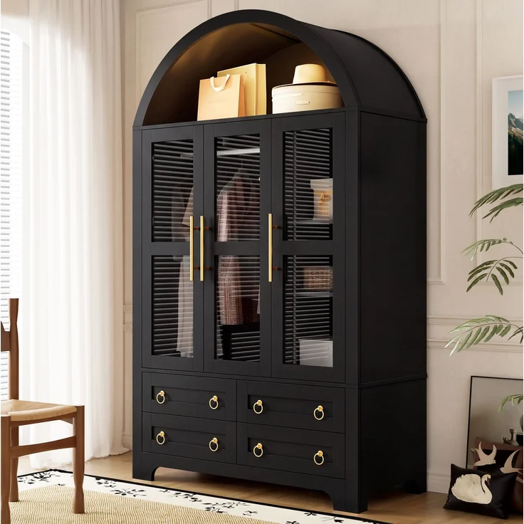Kleiderschrank 110x50x186 cm mit 3 Glastüren, 4 Schubladen und App-steuerbarer LED-Beleuchtung – Schwarz – Bild 3