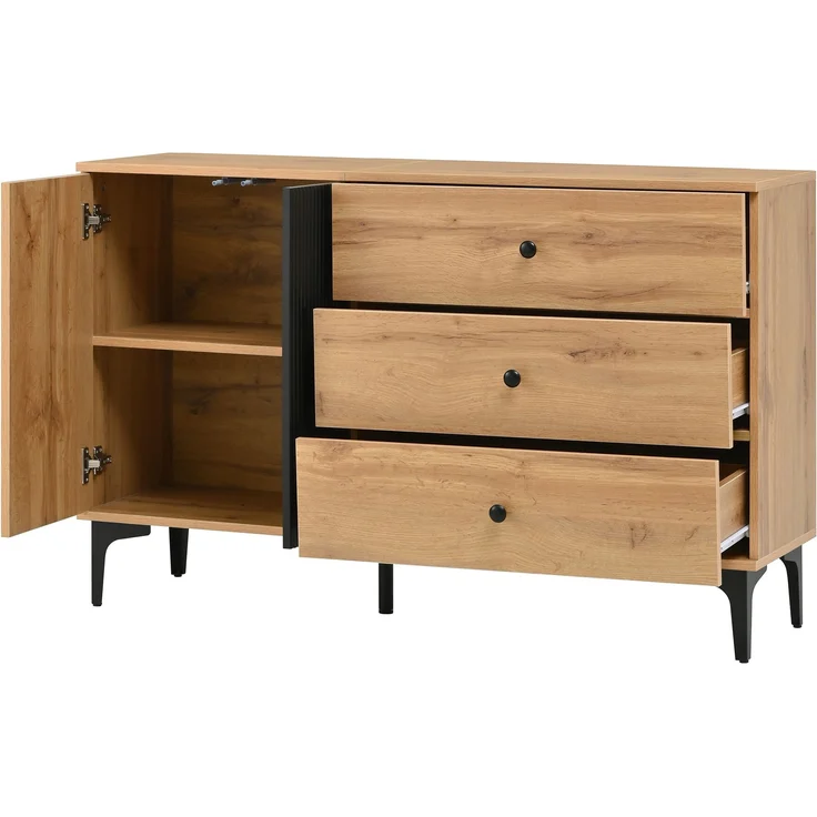 Sideboard aus Spanplatte mit Tür & 3 Schubladen, 120x35x76 cm, Natur/Schwarz – Bild 7