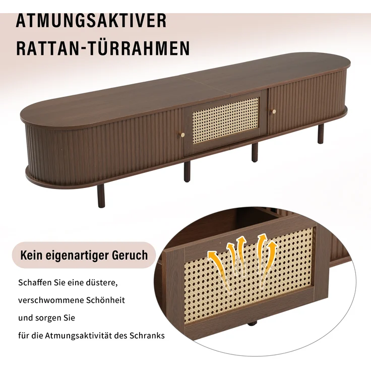TV-Schrank MDF Rattan-Design mit Schublade & Schiebetüren 180x40x40 cm Nussbaum dunkel – Bild 4