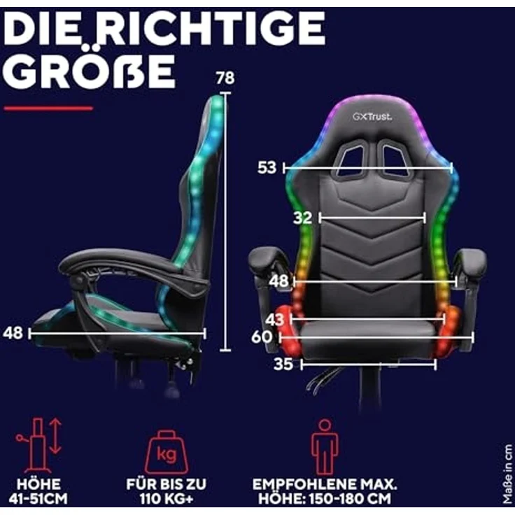 GXTrust 704 Roniq Gaming Stuhl LED, 178 Farben und Effekten, Gepolsterte Armlehnen, Verstellbare Höhe und Rückenlehne, Gaming Chair Schreibtischstuhl mit RGB-Beleuchtung, Schwarz – Bild 3