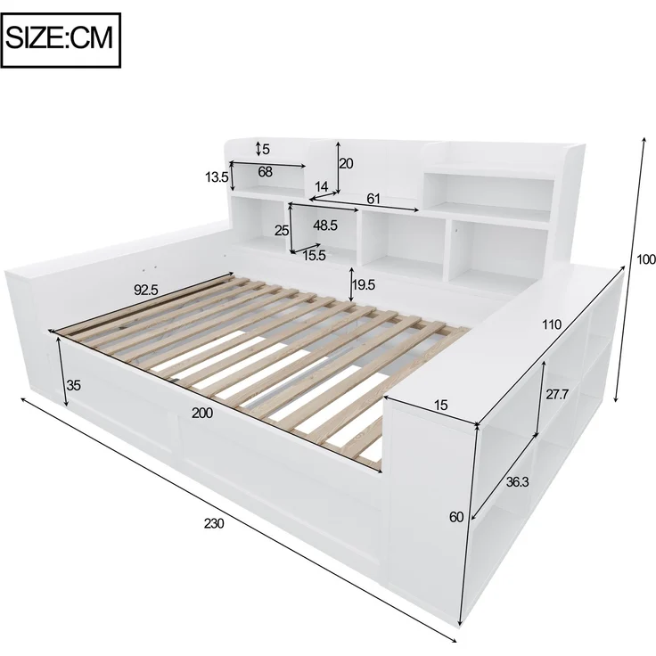 Abrihome multifunktionales Schlafsofa aus Holz, Weiß, 90x200 cm, Hydraulik-Stauraum, LED, Steckdose – Bild 3