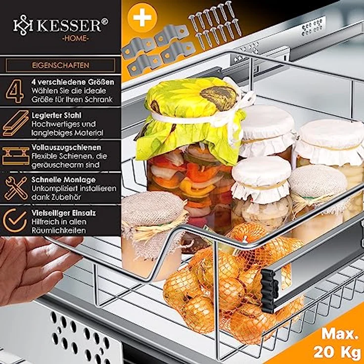 KESSER® Teleskopschublade 30-60cm Schrankbreite verchromt aus Edelstahl Schubladeneinsatz für Küchenschrank Korbauszug Schrankauszug 1x 60cm - Silber – Bild 3