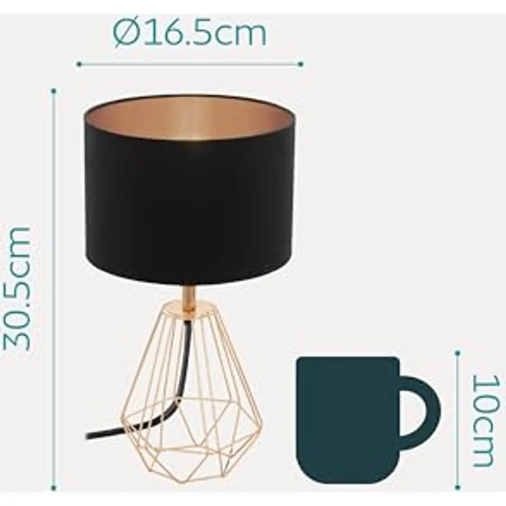 Eglo 95787 Tischleuchte Carlton 2 Stahl, Textil kupfer ,schwarz E14 1X40W H:30,5 Ø16,5cm mit Kabelschalter – Bild 6