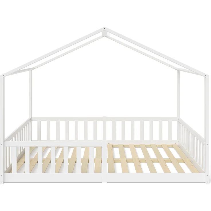 Bellabino 'Bia' Hausbett 140x200 cm, weiß, Kiefer Massivholz, Bodenbett in Hausoptik, Montessori Kinderbett mit Rausfallschutz und Lattenrost – Bild 13