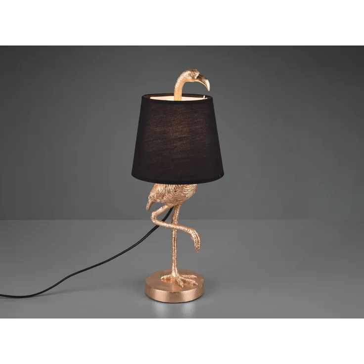 Retro LED Tischleuchte Flamingo Gold mit Stoffschirm in Schwarz, Höhe 42cm