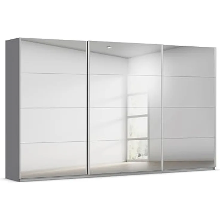 Rauch Möbel Kulmbach, Kleiderschrank mit Schwebetüren für Schlafzimmer, Kinderzimmer, Jugendzimmer, Garderobe, Flur, 3-türig, mit Spiegel, Zubehör Basic, Farbe Grau metallic, Schwarz, Breite 360 cm