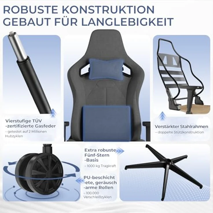 JUMMICO Gaming Stuhl aus Stoff mit Rennsitz, Komfort Bürostuhl Ergonomisch mit 3D-höhenverstellbaren, Schreibtischstuhl Neigefunktion (90°-135°), Belastbarkeit 200 kg, Grau – Bild 7