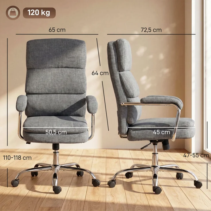 HOMCOM Bürostuhl, Polyester, Grau, 72,5L x 65B x 118H cm – Bild 3