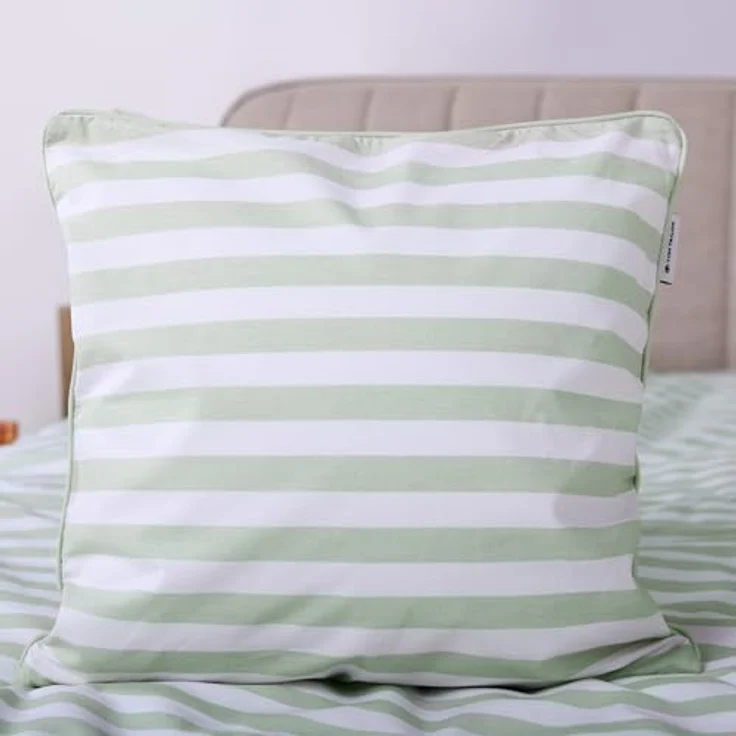 TOM TAILOR Perkal-Kissenhülle, 40x40 cm, 100% Baumwolle, Wendemotiv mit farbiger Paspel, STRIPES WITH A KICK, Hellgrün & Pfirsich (Green Leaf & Juicy Peach) – Bild 3