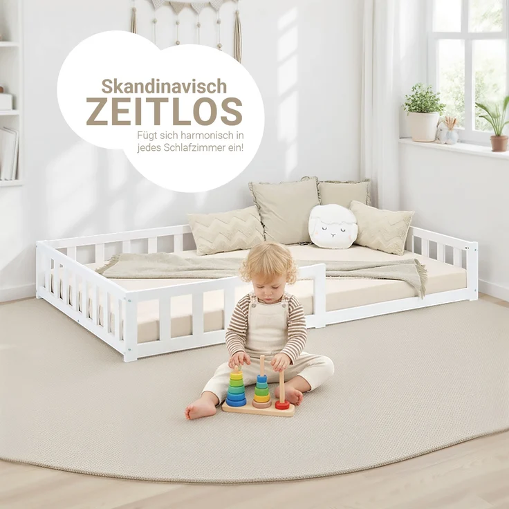 Kinderbett 120x200 Bodenbett mit Rausfallschutz Montessori Bett Kleinkindbett Holz Massiv Weiß Einzelbett Lattenrost Bettgestell – Bild 9